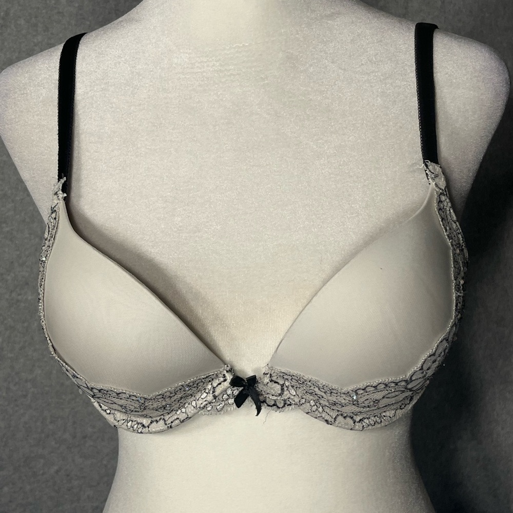 Victorias Secret Dream Angels Demi Bra White Black Lace Push Up 34 A